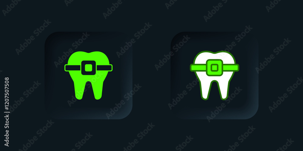 Green Teeth with braces icon isolated on black background. Alignment of bite of teeth, dental row with with braces. Dental concept. Black square button. Vector Green Teeth with braces icon isolated on black background. Alignment of bite of teeth, dental row with with braces. Dental concept. Black square button. Vector