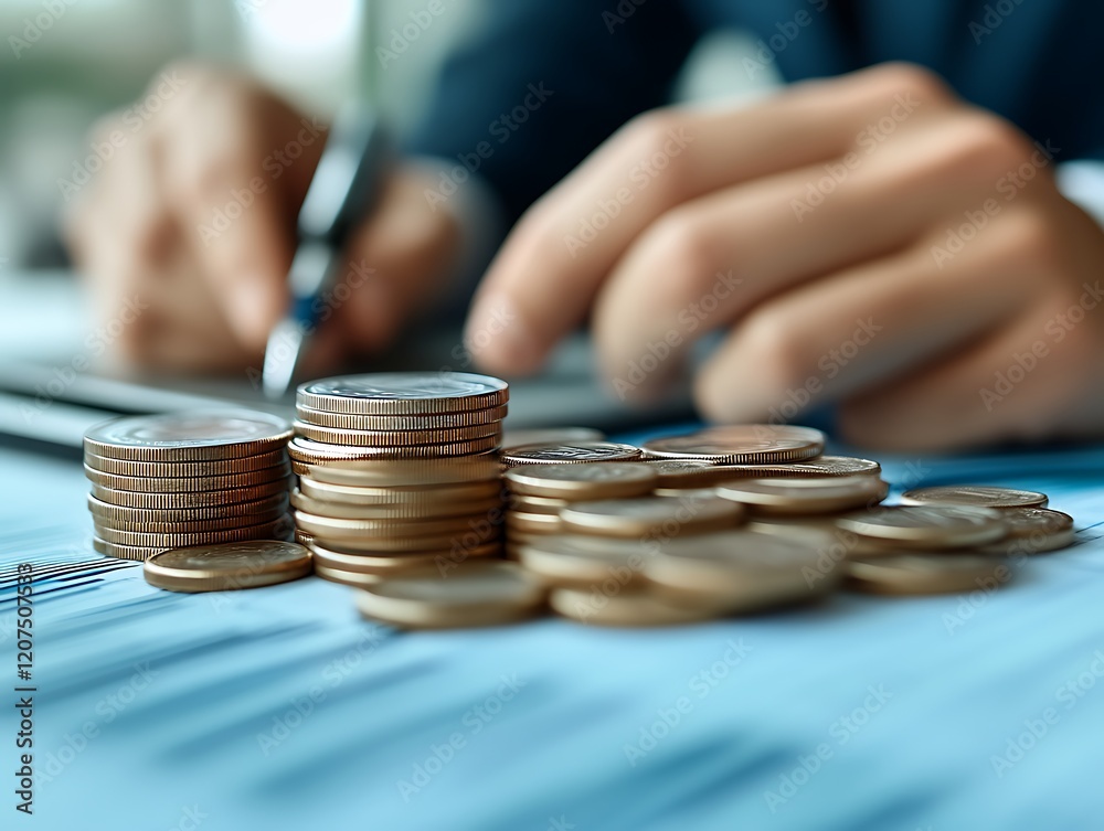 Office worker counting coins, budget review Office worker counting coins, budget review