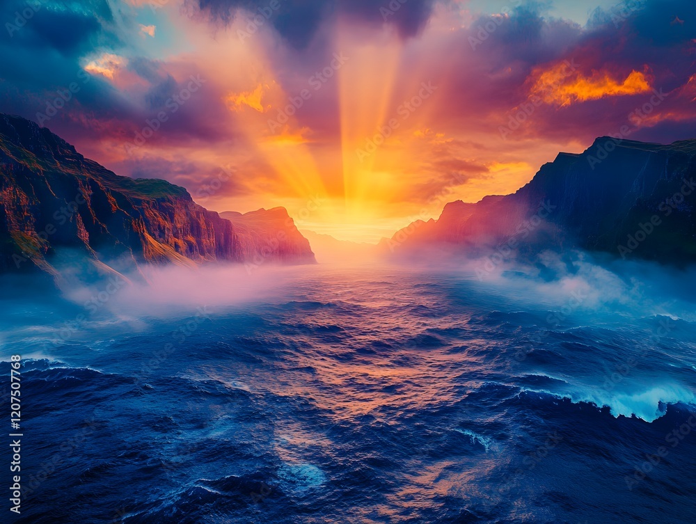 Fototapeta premium Dreamlike coastal scene with swirling mist enveloping towering sea cliffs, creating a mysterious and atmospheric seascape view.
