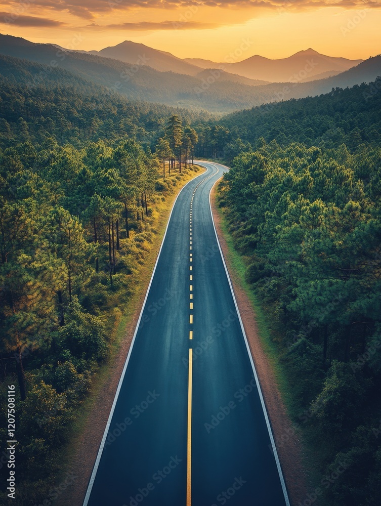 Fototapeta premium Scenic Highway Winding Through Lush Green Forest towards Mountains at Sunset