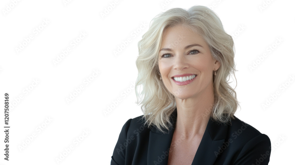 Portrait of a cheerful middle-aged woman with blonde hair, wearing a black blazer, smiling confidently against a white isolated background. Portrait of a cheerful middle-aged woman with blonde hair, wearing a black blazer, smiling confidently against a white isolated background.