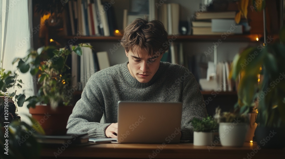 Young man working on laptop in his flowered room Young man working on laptop in his flowered room