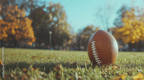 Football resting on green grass in a park during autumn with golden leaves in the background under clear blue sky. Generative AI