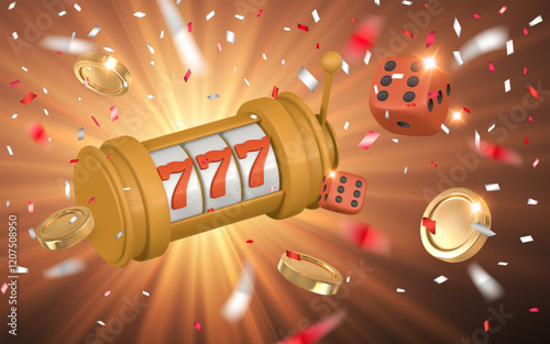 Realistic 3d casino game concept. Slot machine, dice, golden coin, confetti. Gambling concept. Vector illustration