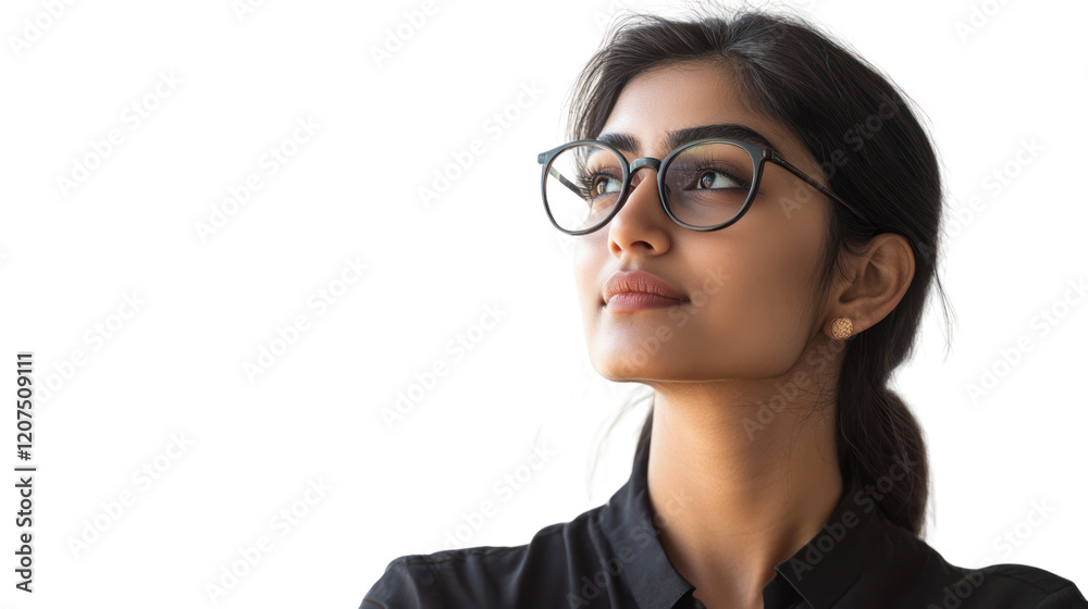 Portrait of a confident young woman with glasses, looking upward with a thoughtful expression, isolated on a white background. Portrait of a confident young woman with glasses, looking upward with a thoughtful expression, isolated on a white background.