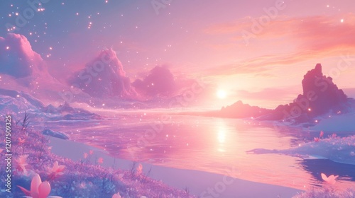 Dreamlike Pink and Purple Sunset Landscape with Sparkling Water