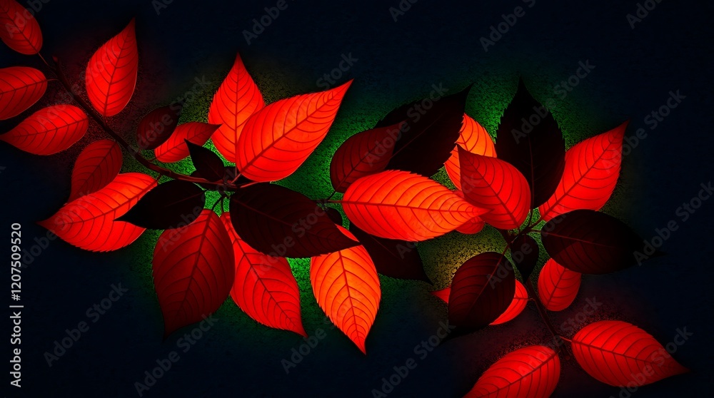 Glowing red and dark leaves on branch. Glowing red and dark leaves on branch.