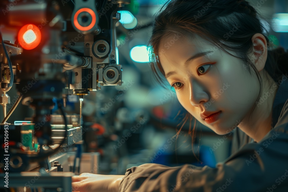 A focused technician working on complex machinery in a modern workshop. A focused technician working on complex machinery in a modern workshop.