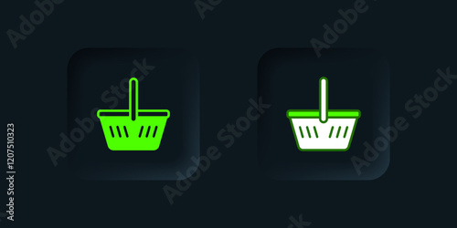 Green Shopping basket icon isolated on black background. Online buying concept. Delivery service sign. Shopping cart symbol. Black square button. Vector