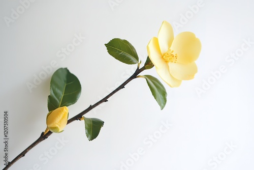 Vibrant Yellow Ecart Soma Flower Blossom with Lush Green Leaves, Close-Up stem bloom plant macro    