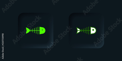 Green Fish skeleton icon isolated on black background. Fish bone sign. Black square button. Vector