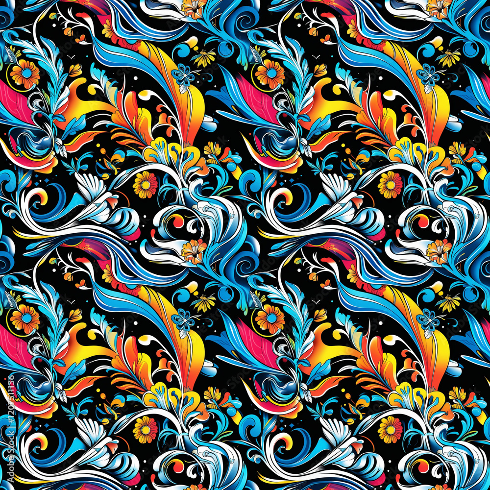 Curly hand painted seamless patterns with waves and abstract shapes, clean bold colors Curly hand painted seamless patterns with waves and abstract shapes, clean bold colors