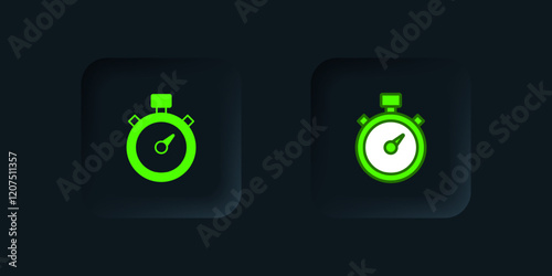 Green Stopwatch icon isolated on black background. Time timer sign. Chronometer sign. Black square button. Vector