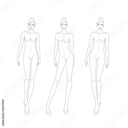 Three catwalk female line technical drawing croquis for flat fashion sketches and cads. 9 head vector mannequin design. 