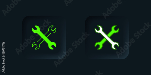 Green Wrench spanner icon isolated on black background. Spanner repair tool. Service tool symbol. Black square button. Vector