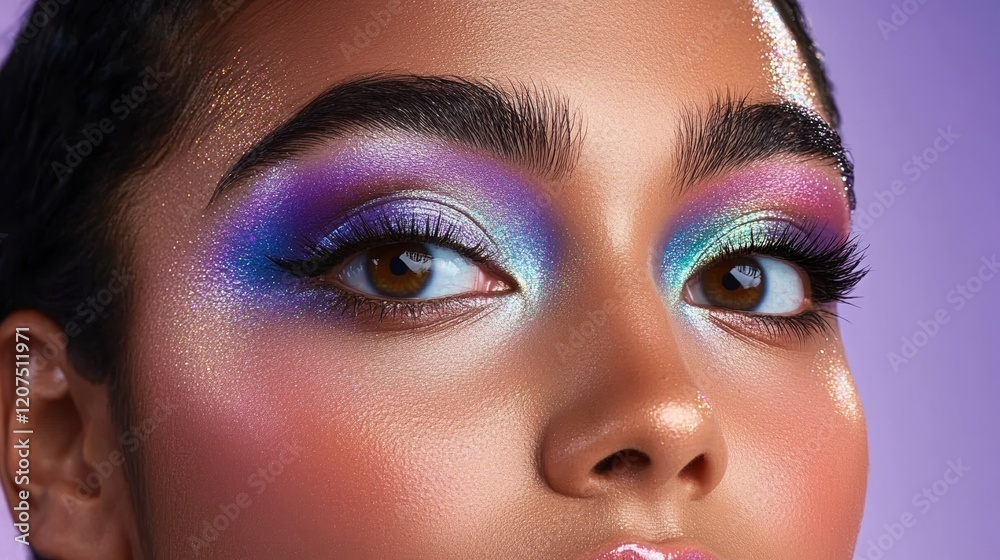 Naklejka premium Creative full color eye makeup showcasing a rainbow ombre effect with shimmering pigments and precise winged eyeliner to accentuate the vibrant design 