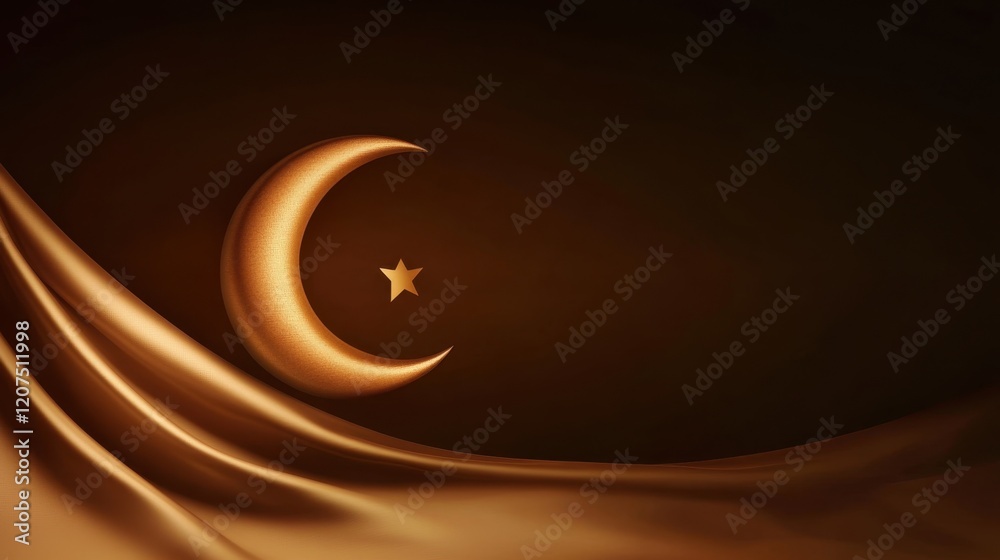 Fototapeta premium Golden crescent moon and star on elegant satin background