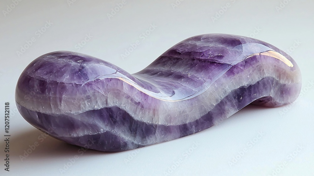 Amethyst crystal sculpture with smooth curves and layered purple and white bands on white surface Amethyst crystal sculpture with smooth curves and layered purple and white bands on white surface