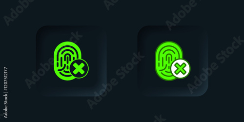 Green Cancelled fingerprint icon isolated on black background. Access denied for user concept. Error, fraud. Identification sign. Touch id. Black square button. Vector