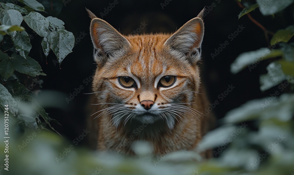 Fierce orange wildcat peering through leaves. Fierce orange wildcat peering through leaves.