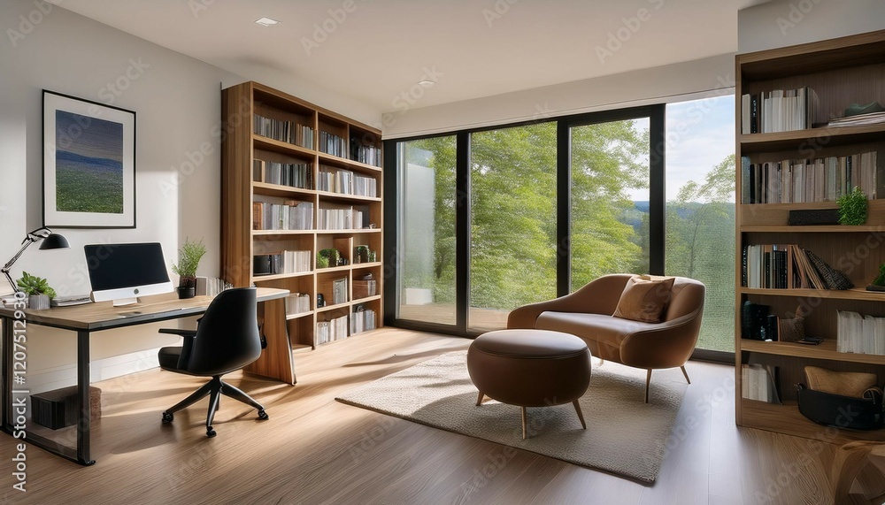 stylish home office or library with custom built in bookshelves comfortable seating and inspiring views for a tranquil workspace stylish home office or library with custom built in bookshelves comfortable seating and inspiring views for a tranquil workspace