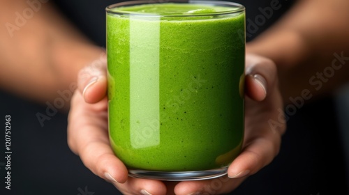 Female hands holding fresh green smoothie in glass with black background photo