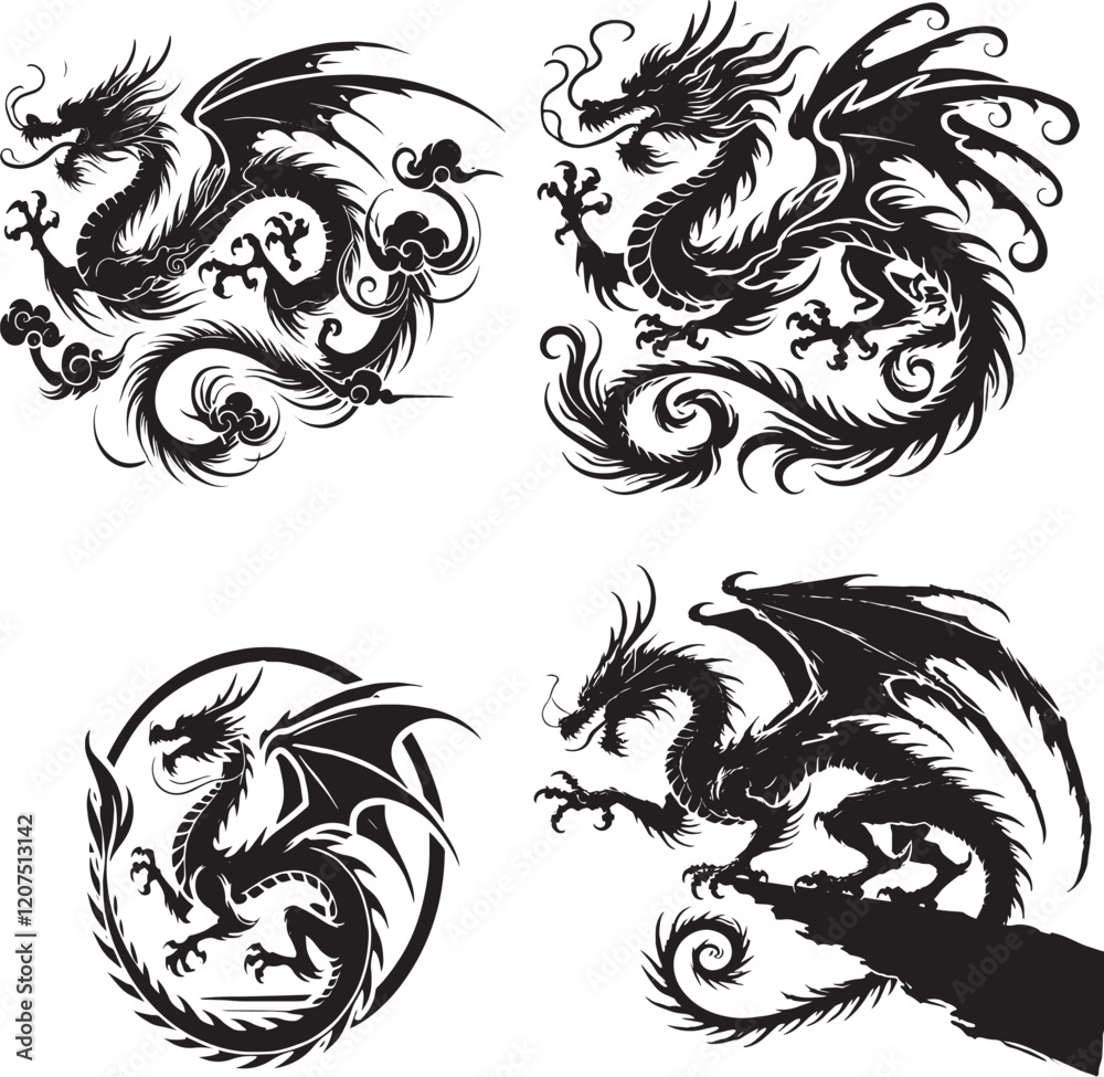Fototapeta premium dragon tattoo design, silhouette of dragon, silhouette of dragon set 