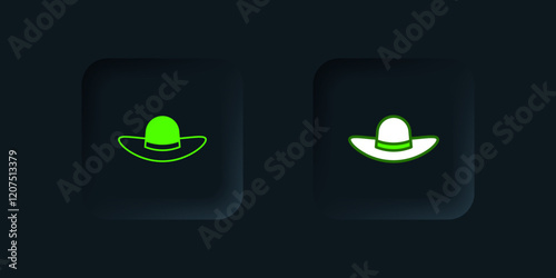 Green Elegant women hat icon isolated on black background. Black square button. Vector