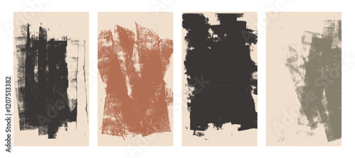 Linocut texture wall art. Ink rolled spots. Grunge letterpress rectangles. Dry brayer striped overlay lines on beige background. Painted stains set. Vector lino mocha mousse abstract stamps.