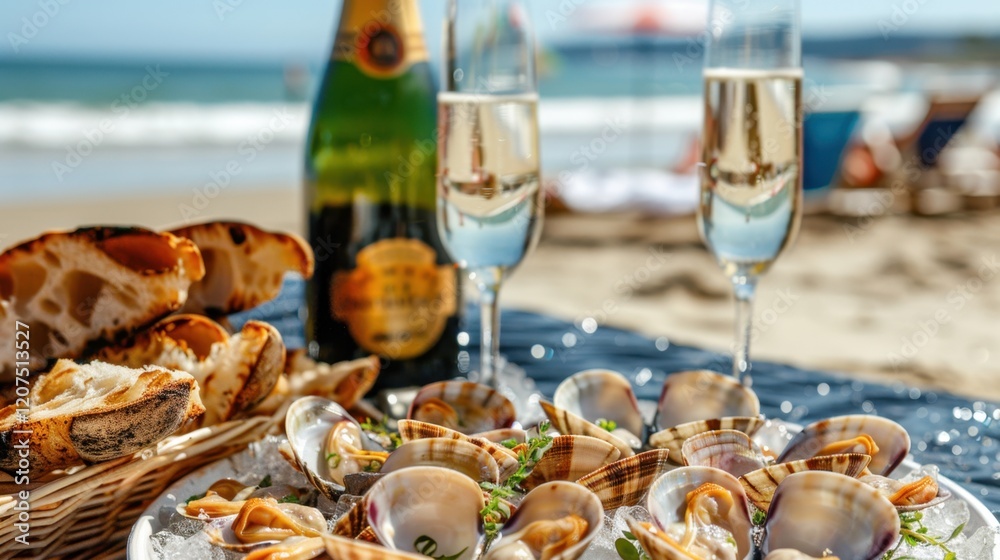 National Clams on the Half Shell Day Luxurious beachside dining with champagne and seafood at sunlit seaside National Clams on the Half Shell Day Luxurious beachside dining with champagne and seafood at sunlit seaside