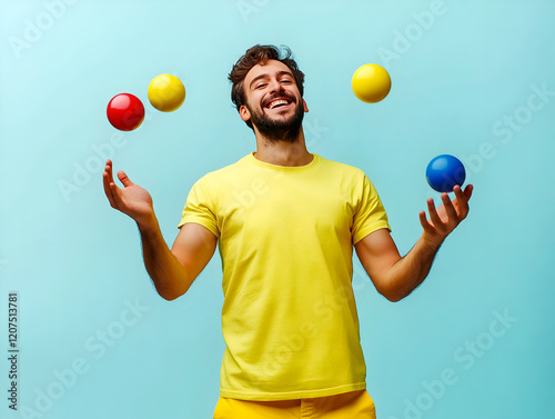 Happy young man juggling colorful balls, wearing a bright yellow outfit, standing against a light blue background, capturing a playful and joyful moment