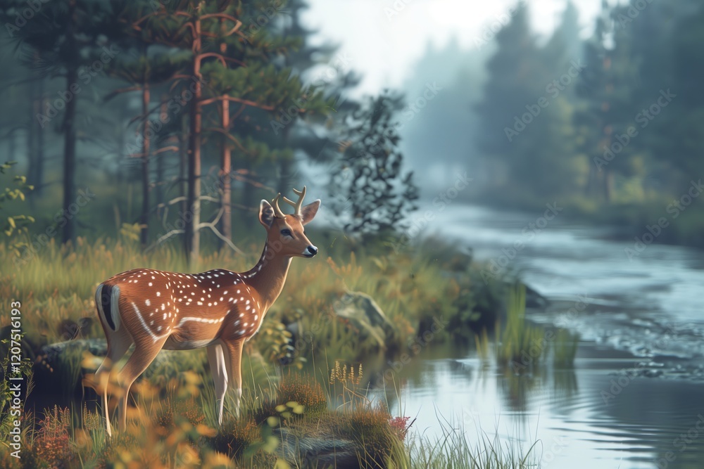 A serene deer stands by a calm river, surrounded by lush greenery and misty forest. A serene deer stands by a calm river, surrounded by lush greenery and misty forest.