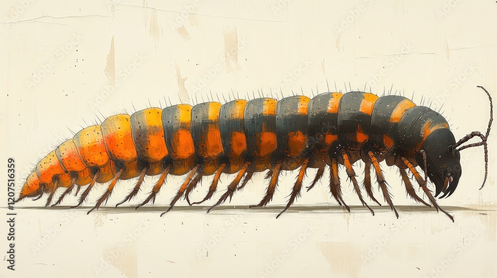 Fototapeta premium Orange and black segmented insect crawling.