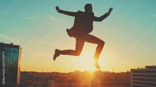 Leap of Faith: A silhouette of a businessman, dressed in a suit, leaps into the air against the backdrop of a vibrant sunset, showcasing the spirit of ambition, and the thrill of pursuing your goals. photo