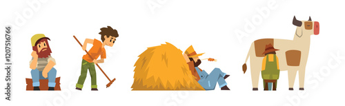 Man Farmer Character Engaged in Rural Agriculture Activity Vector Set