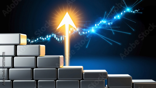 Luminous arrow rising above silver bars symbolizes financial growth, investment, and economic success.