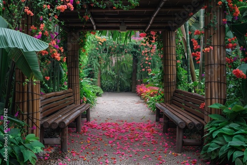 A serene garden pathway adorned with vibrant flowers and lush greenery, inviting tranquility. photo