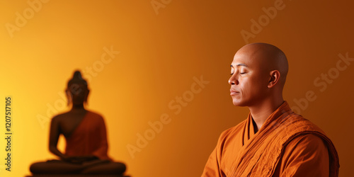 A monk meditates in front of a Buddha statue against a warm, golden backdrop, embodying tranquility and spiritual reflection. photo