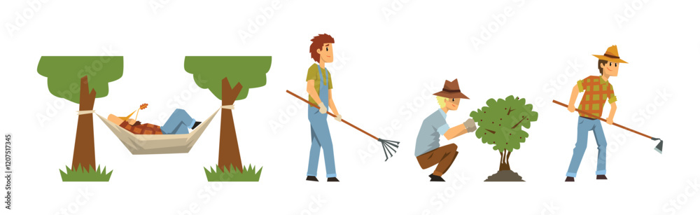 Man Farmer Character Engaged in Rural Agriculture Activity Vector Set Man Farmer Character Engaged in Rural Agriculture Activity Vector Set