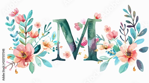 Elegant Watercolor Alphabet Letter M with Floral Design for Creative Projects