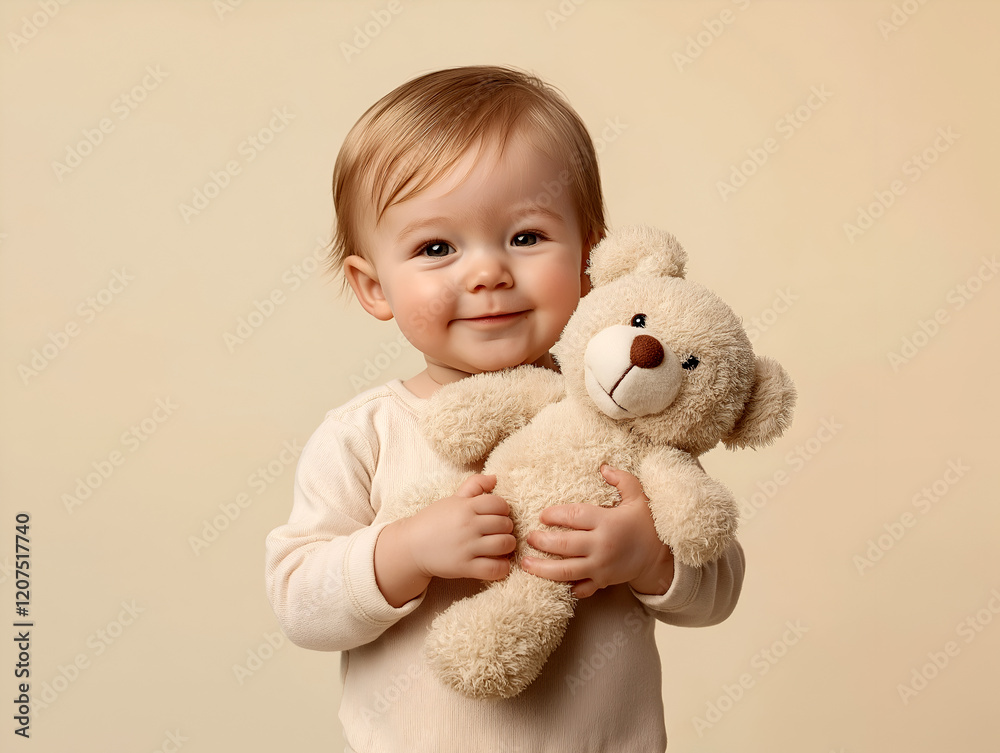 Adorable baby holding a plush teddy bear, wearing a light cream outfit, smiling sweetly against a beige background, capturing a cute and heartwarming moment Adorable baby holding a plush teddy bear, wearing a light cream outfit, smiling sweetly against a beige background, capturing a cute and heartwarming moment