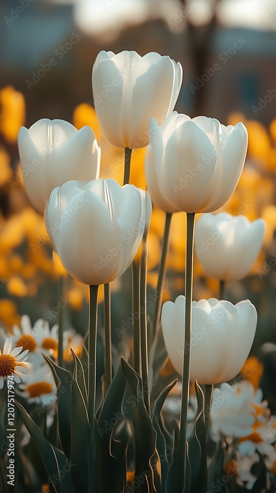 Obraz premium White tulips blooming garden sunset spring