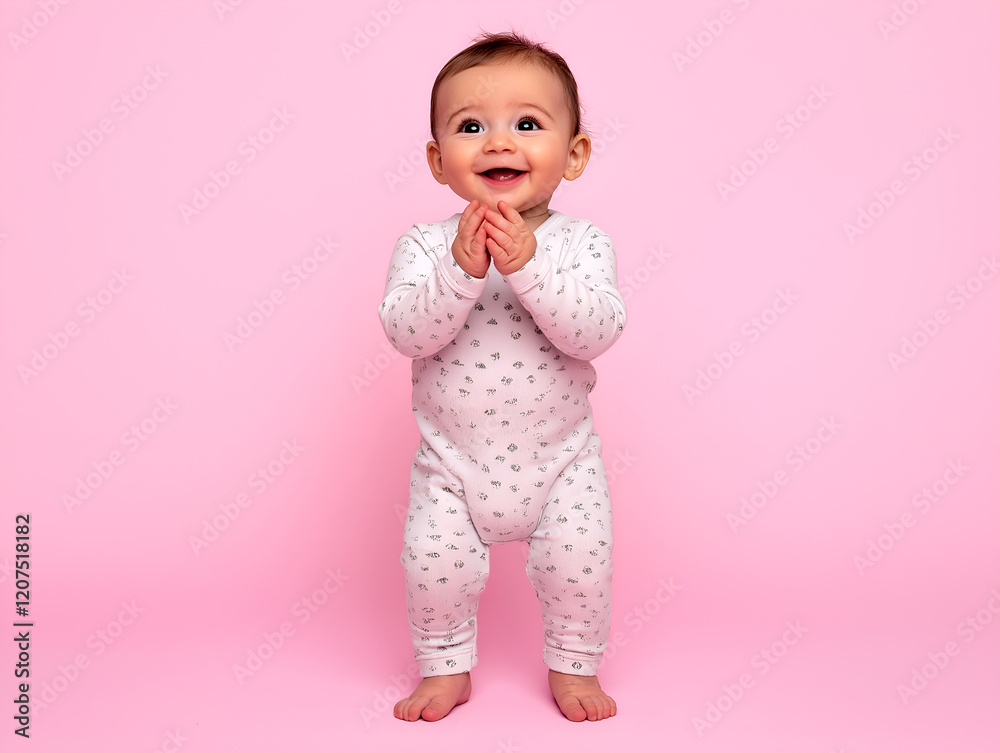 Adorable baby girl clapping her hands, wearing a white onesie with polka dots, smiling brightly against a pink background, capturing a cheerful and playful moment Adorable baby girl clapping her hands, wearing a white onesie with polka dots, smiling brightly against a pink background, capturing a cheerful and playful moment