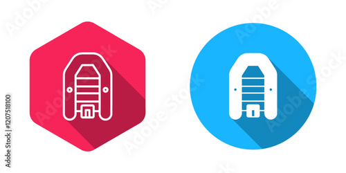 Filled and outline Inflatable boat with outboard motor icon isolated with long shadow background. Vector