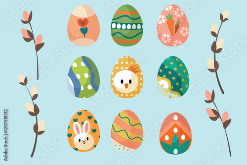 Set of Easter eggs with different textures on a blue background.Spring holiday. Vector Illustration isolated. 