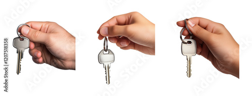 Hands holding metal keys, isolated on transparent background