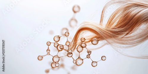 Blond hair lock flowing through abstract molecules structure on white background
