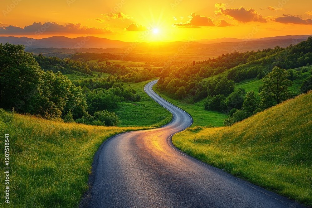 Fototapeta premium Serene Winding Road Through Lush Green Hills at Sunset