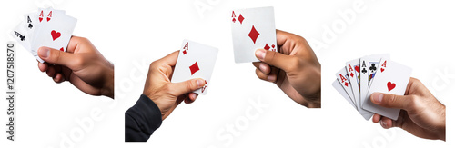 Hands holding playing cards, isolated on transparent background