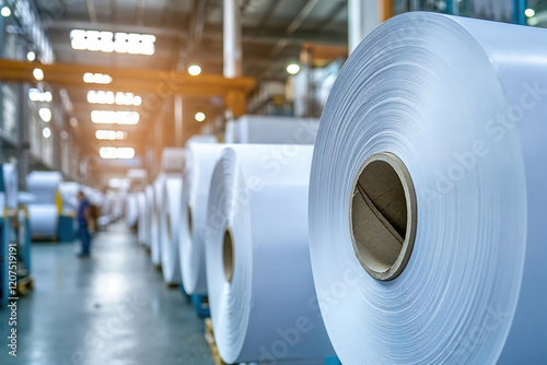 Large rolls of white paper or foil or other material storing in printing or packaging plant or warehouse